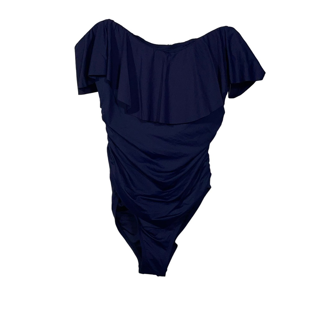 La Blanca  Island Goddess Off Shoulder Ruffle Swimsuit 10 Indigo
